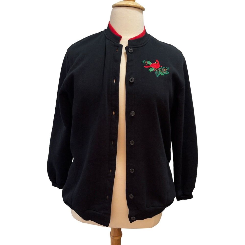 Bonworth Sweater Womens Medium Black Red Cardinals Embroidered Birds Bon Worth